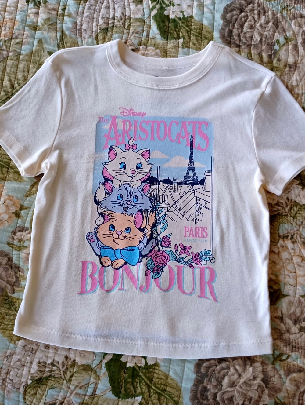 Disney Paris Bonjour Aristocats Kid's Graphic Tee - Cream Pink Blue, Size M - Picture 3 of 10